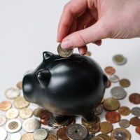 A hand adding value to a piggy bank by adding coins to it